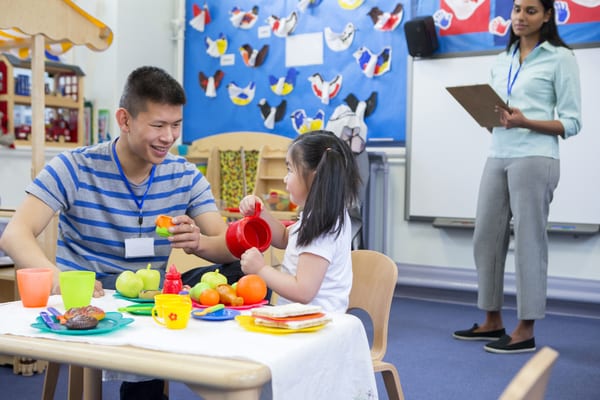 Adult modelling language during play while a colleague observes